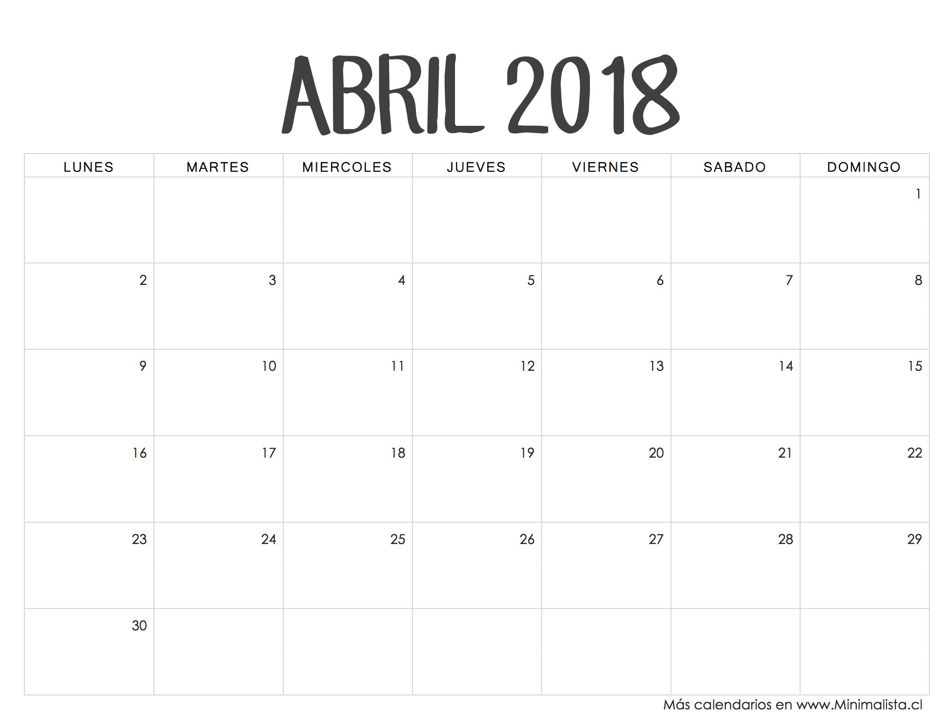 Calendario Abril 2018