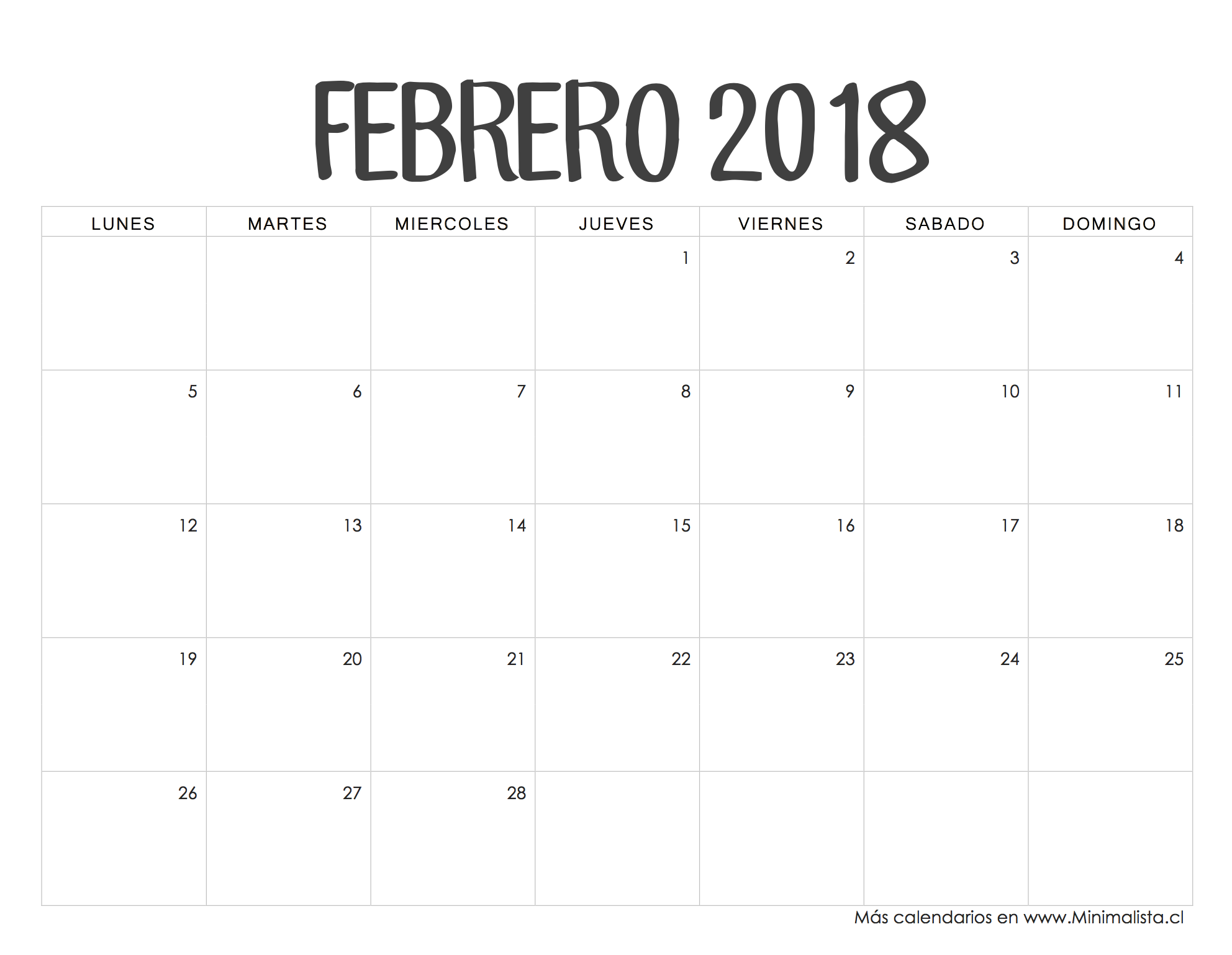 Calendario Febrero 2018