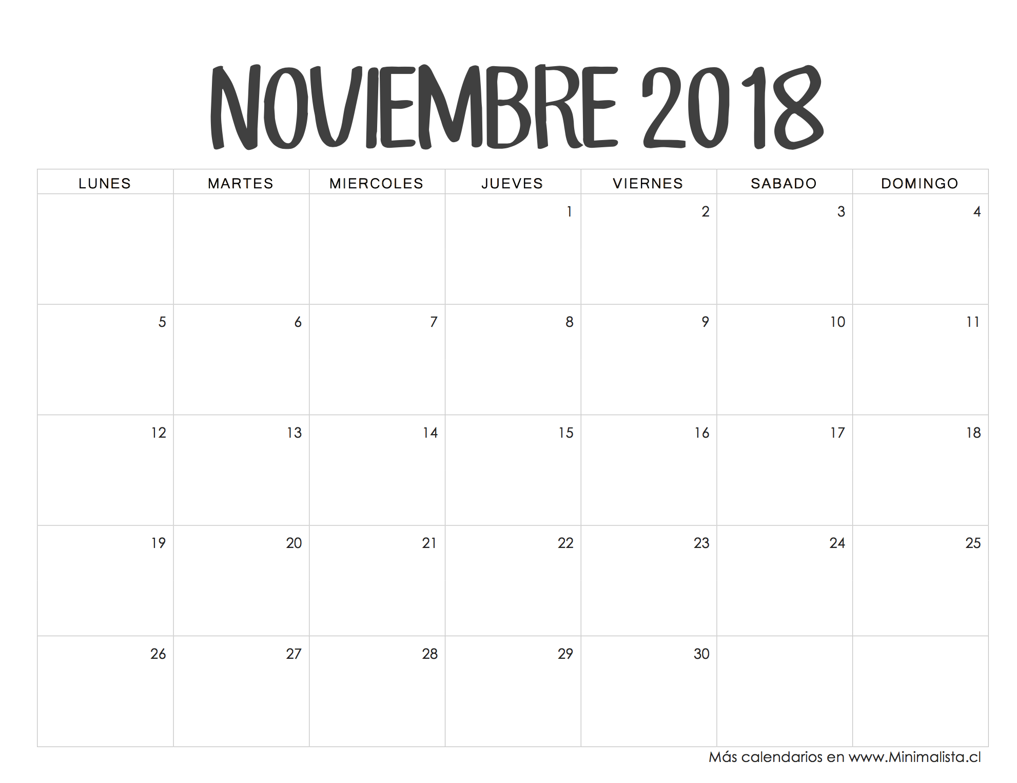 Calendario Noviembre 2018