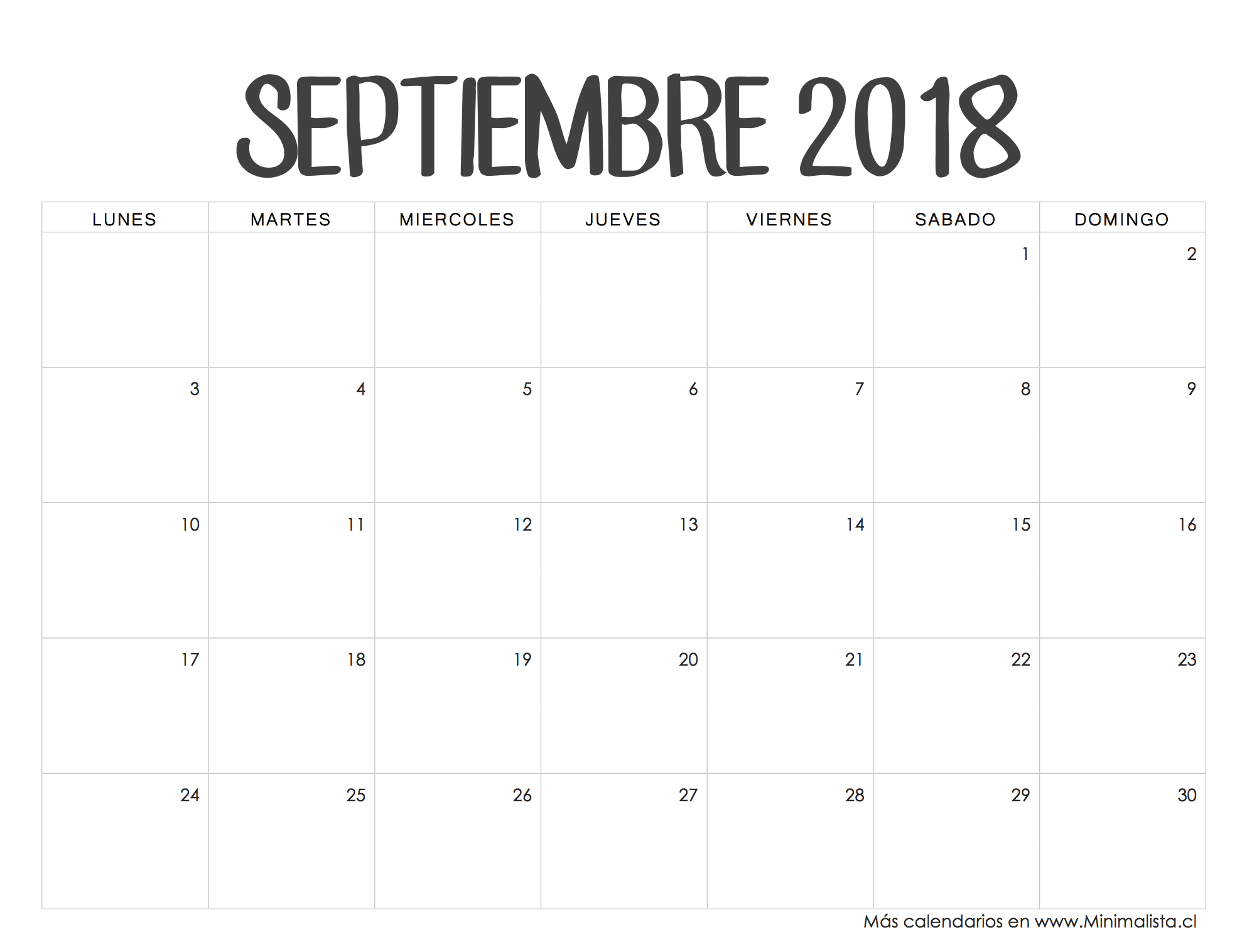 Calendario Septiembre 2018