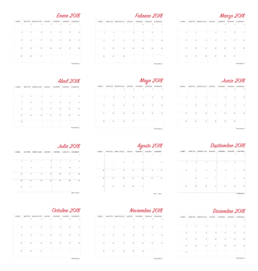 Calendarios imprimibles 2018