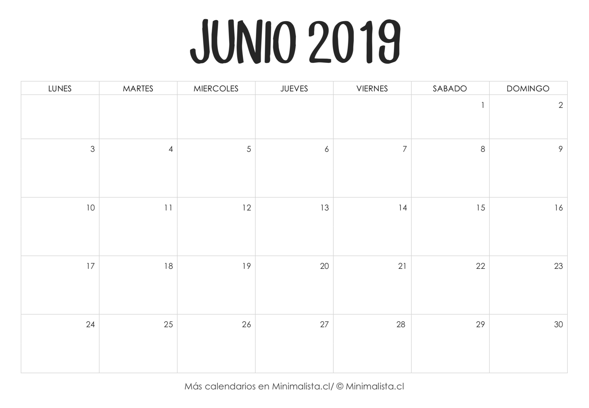 Calendario Junio 2019 para Imprimir