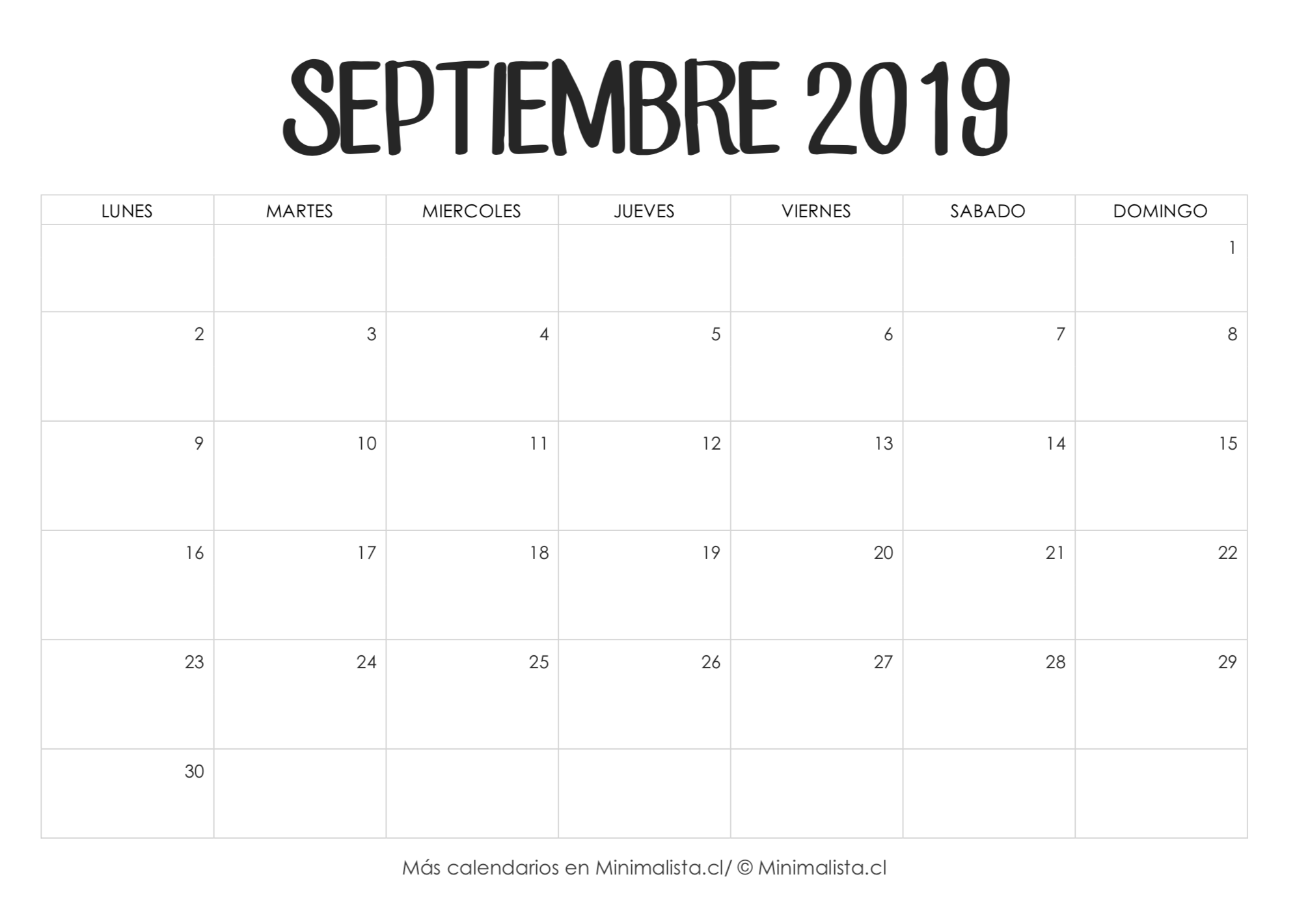 Calendario Septiembre 2019 para Imprimir