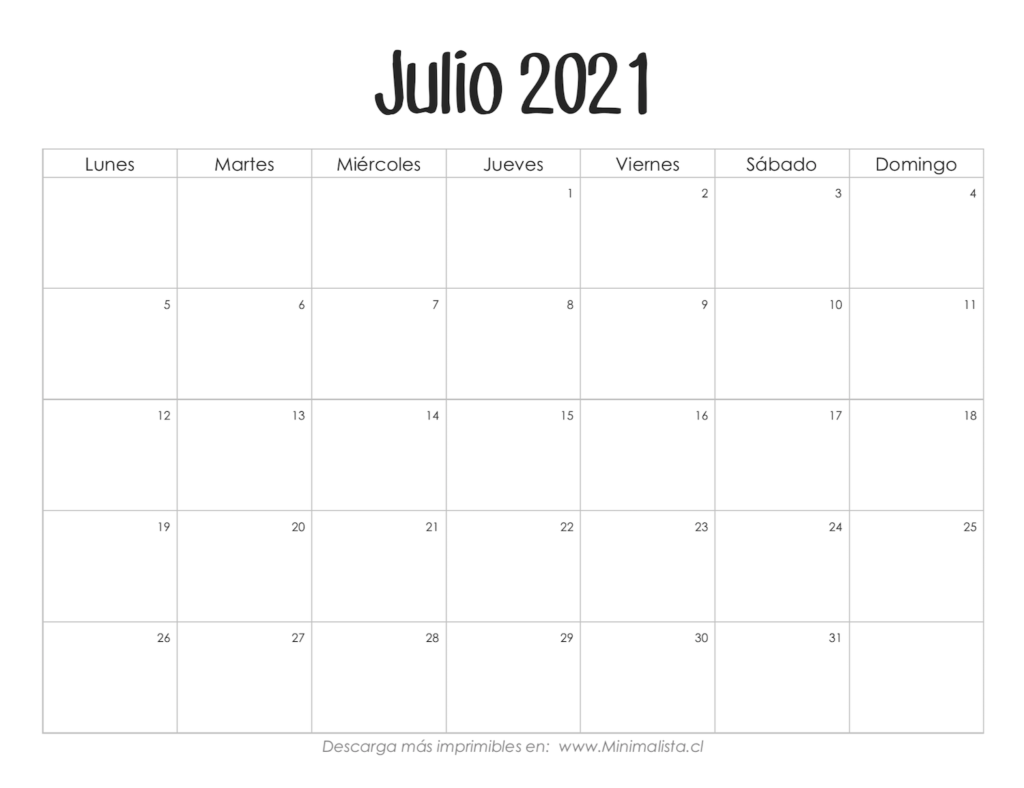 Calendario Imprimible Gratis Julio 2021