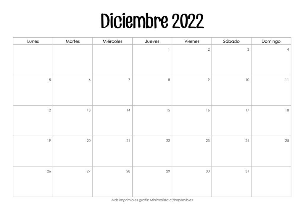 Calendario Diciembre 2022 para Imprimir