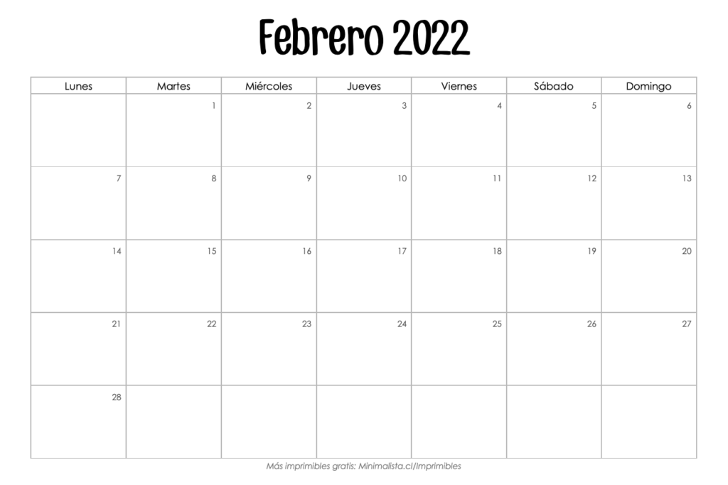 Calendario Febrero 2022 para Imprimir