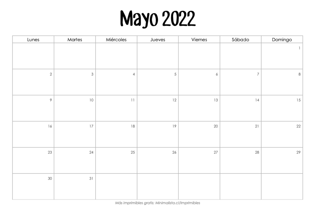 Calendario Mayo 2022 para Imprimir